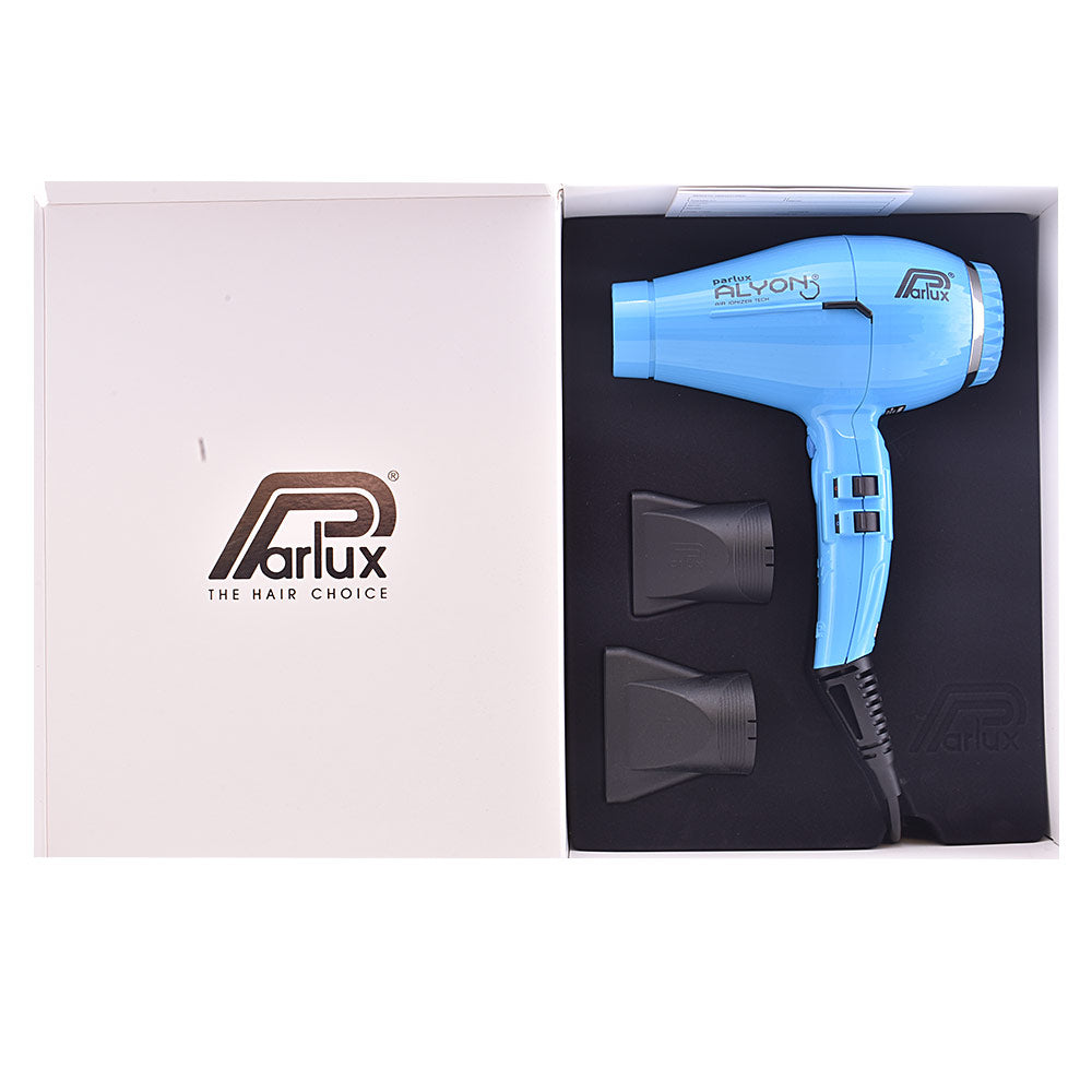 Matte black professional hair dryer with ergonomic handle and two concentrator nozzles