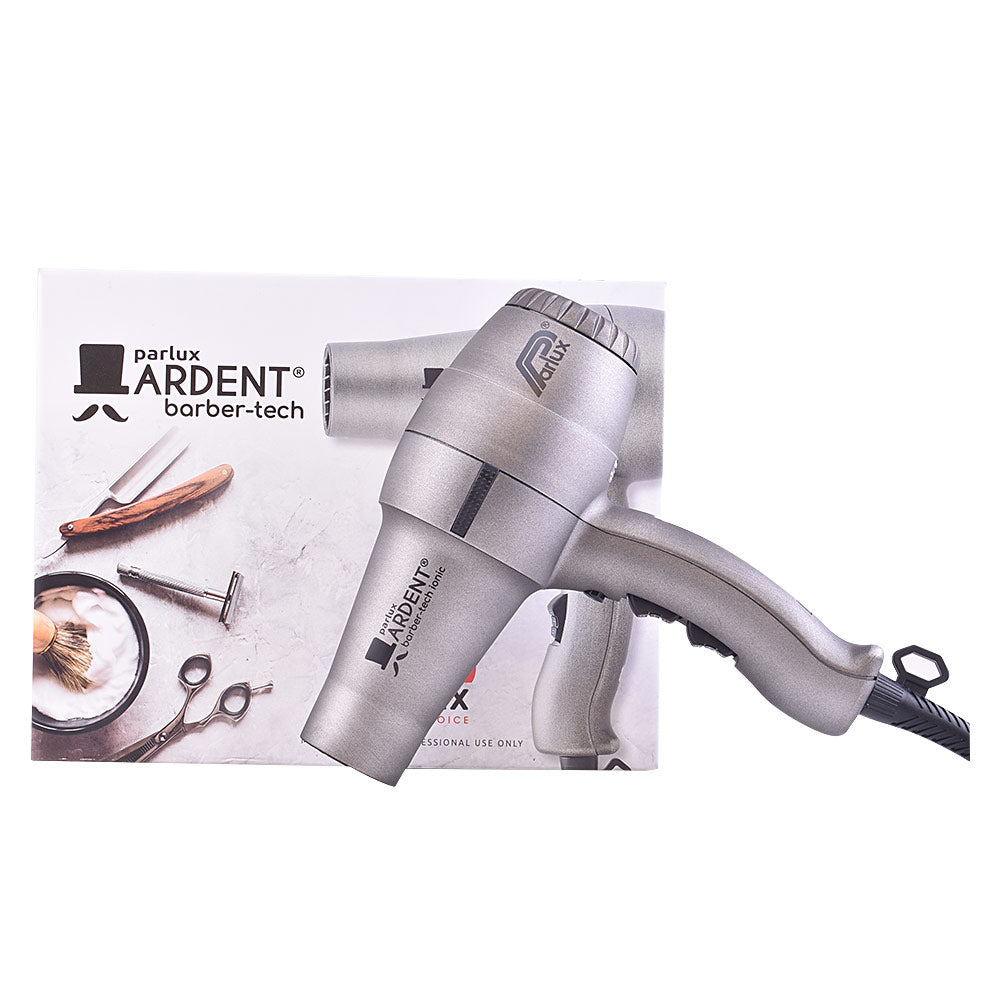 Graphite professional hair dryer with nozzle, compact barber-style design