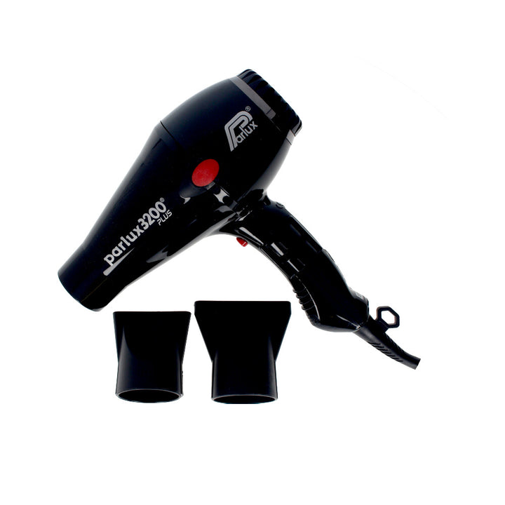 Black ultra-light professional hair dryer with two flat nozzles, ergonomic handle, 3 m cable