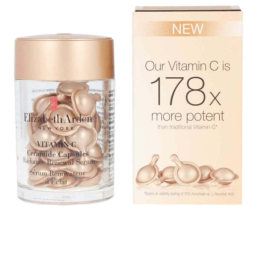 Row of gold single‑dose ceramide and vitamin C capsules for radiant skin