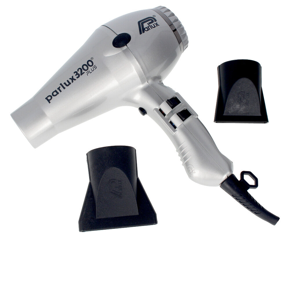 Silver ultra-light professional hair dryer with two flat nozzles and long cable