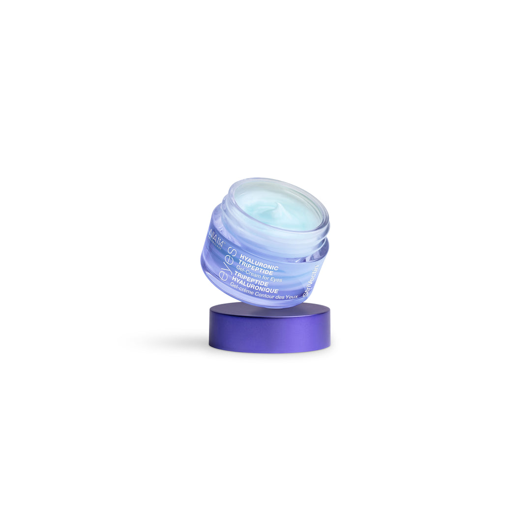 15 ml jar of gel‑cream eye treatment, pale blue spiral texture visible