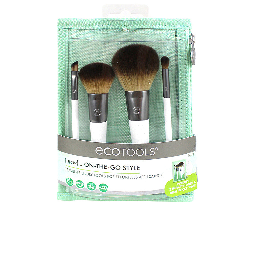 Mint green travel brush set with four synthetic-bristle brushes and zippered fabric case, Ecotools