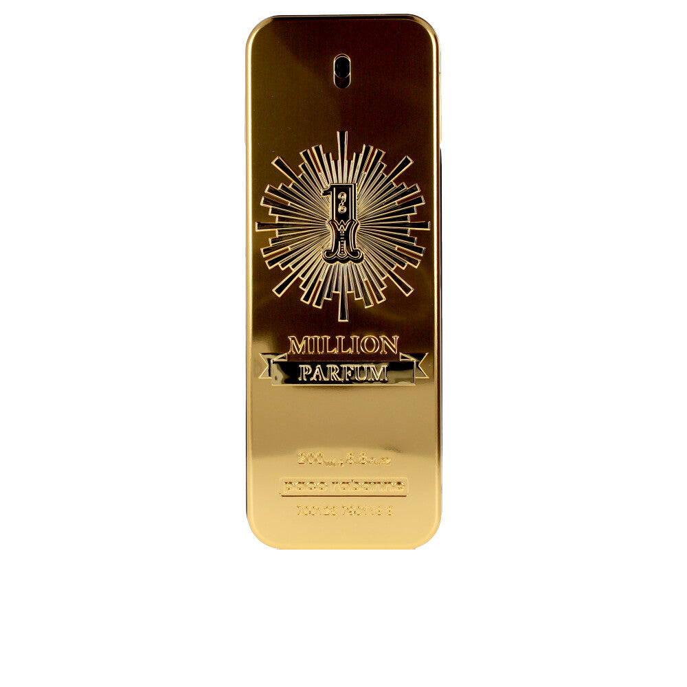 Faceted gold‑accented perfume bottle; 200 ml, leather‑floral composition