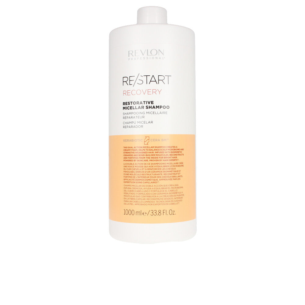 Tall 1000 ml bottle of restorative micellar shampoo with ceramides, unisex