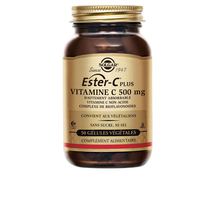Brown supplement bottle labelled Ester‑C 500 mg, 50 tablets, Unisex vitamin C