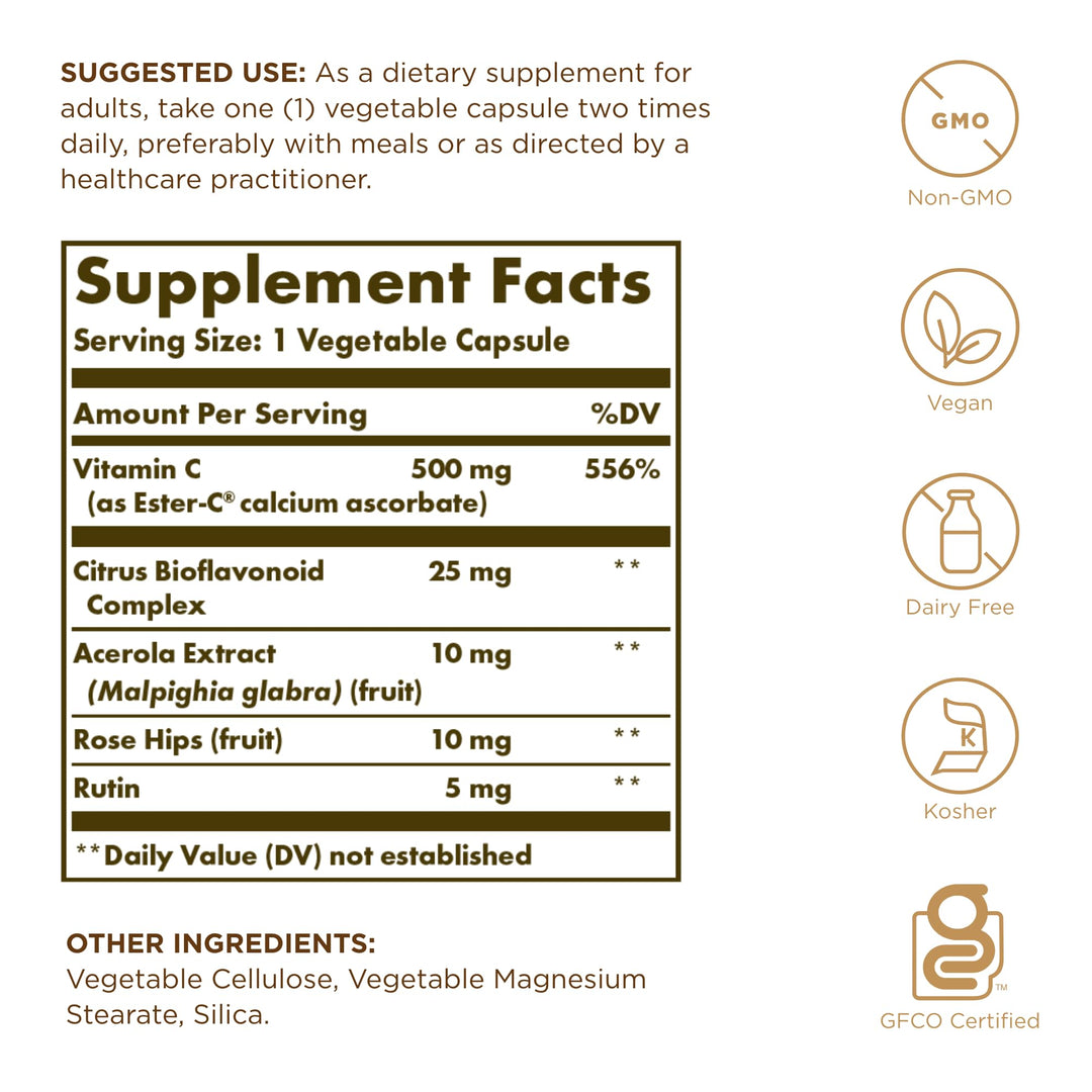Brown supplement bottle labelled Ester‑C 500 mg, 50 tablets, Unisex vitamin C