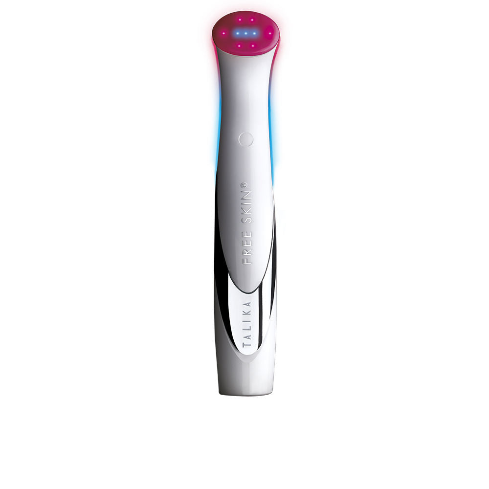 Handheld dual‑light therapy device for targeted facial blemishes, blue and red LEDs visible