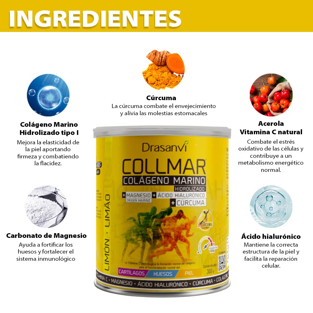 Jar of marine collagen powder, lemon flavour, turmeric and magnesium blend, 300 g