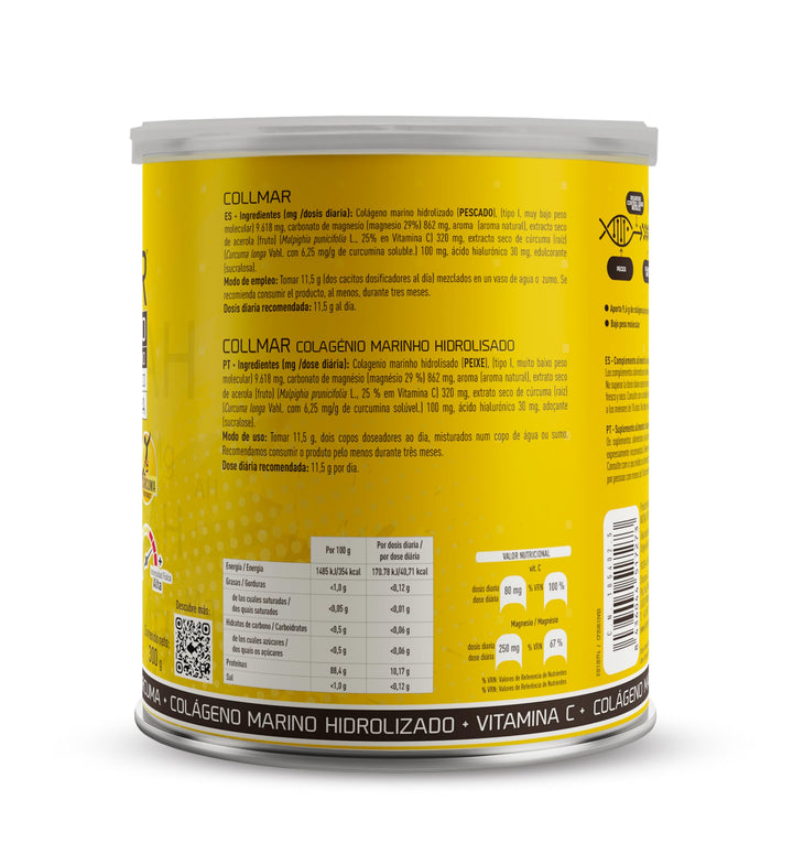 Jar of marine collagen powder, lemon flavour, turmeric and magnesium blend, 300 g