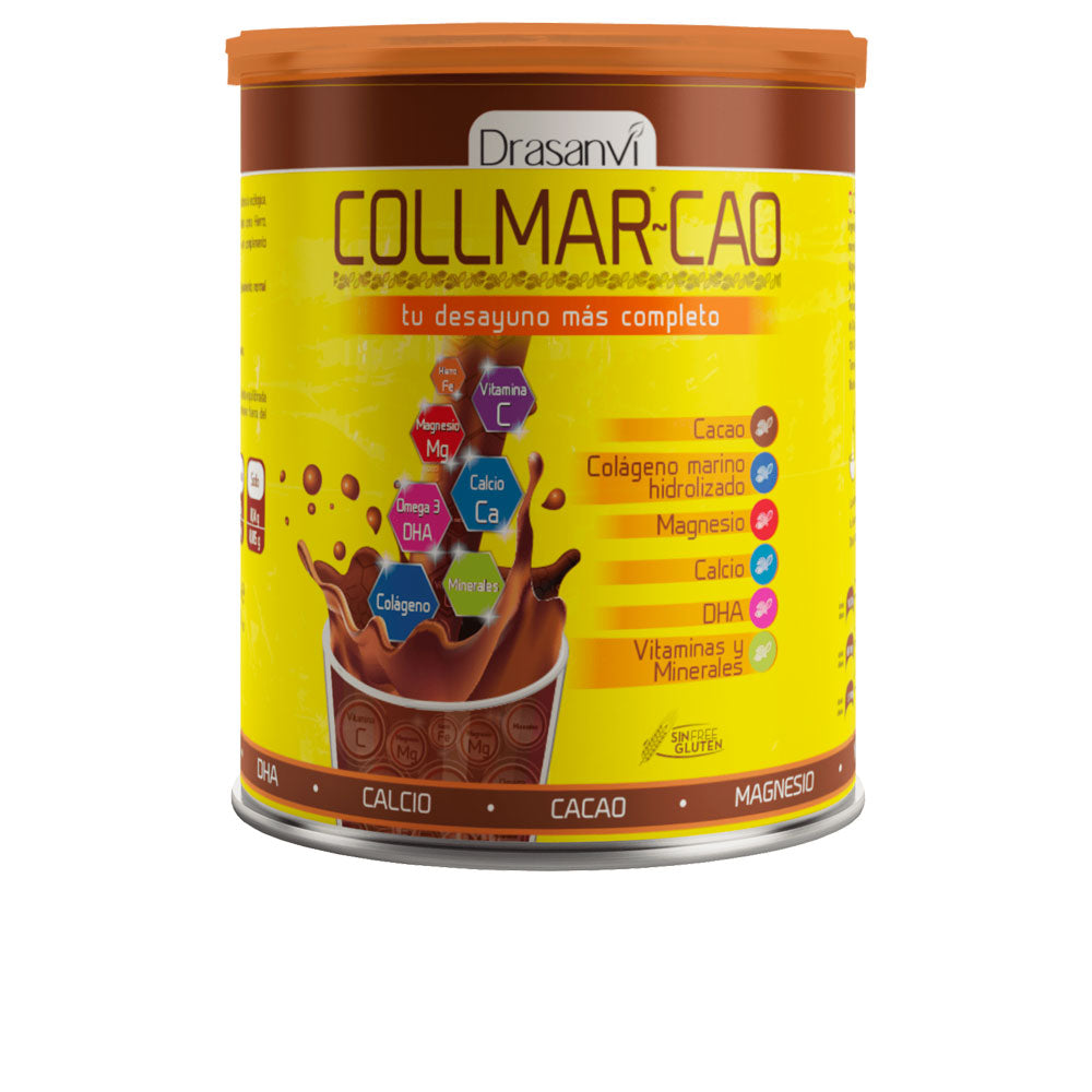 Drasanvi Glass jar of cocoa-colored collagen powder, minimalist white label, spoon and serving glass