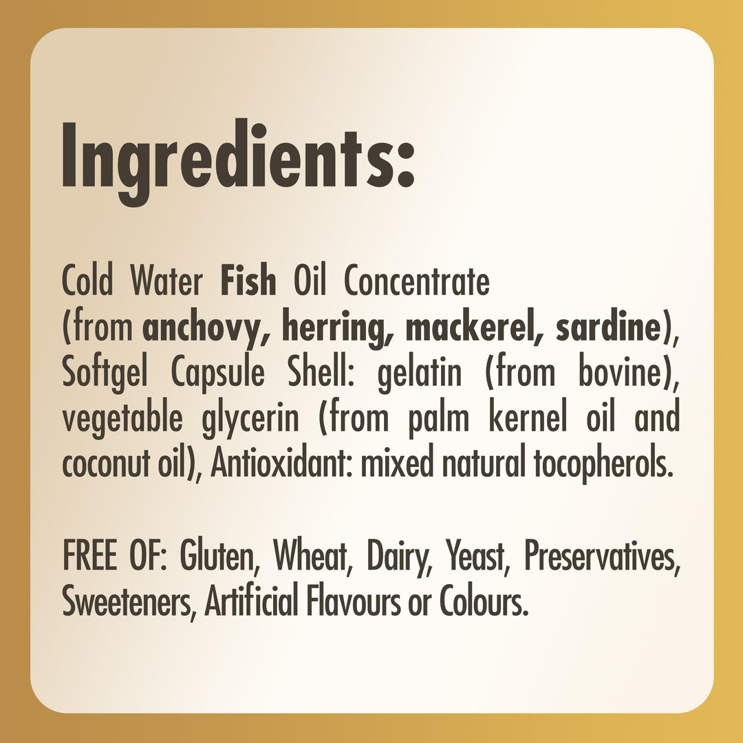 Bottle of 100 cold‑water fish oil softgels, gluten‑free omega‑3 supplement