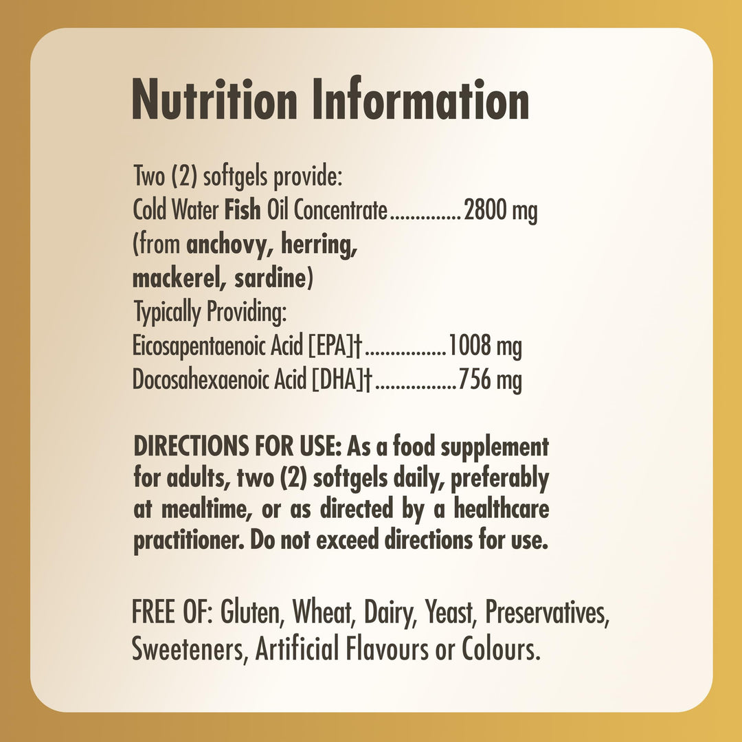 Bottle of 100 cold‑water fish oil softgels, gluten‑free omega‑3 supplement