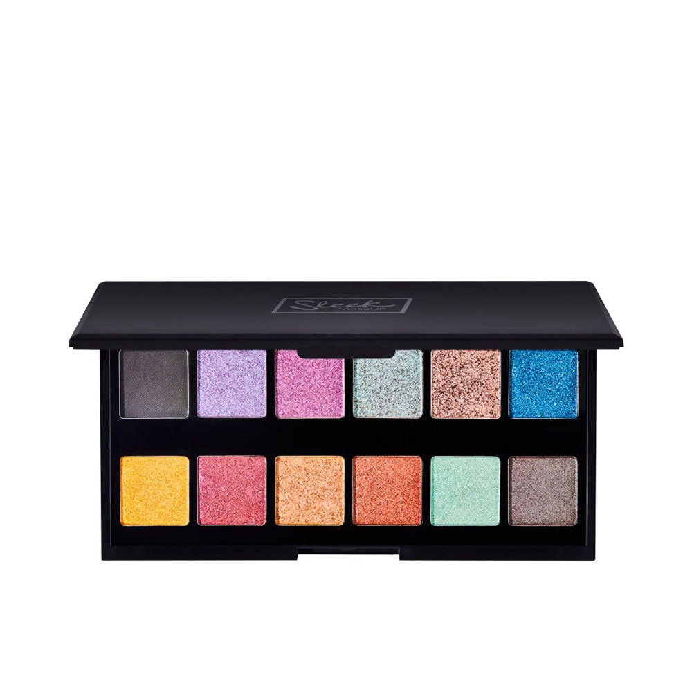 Slim eyeshadow palette with 12 matte and shimmer shades, travel case