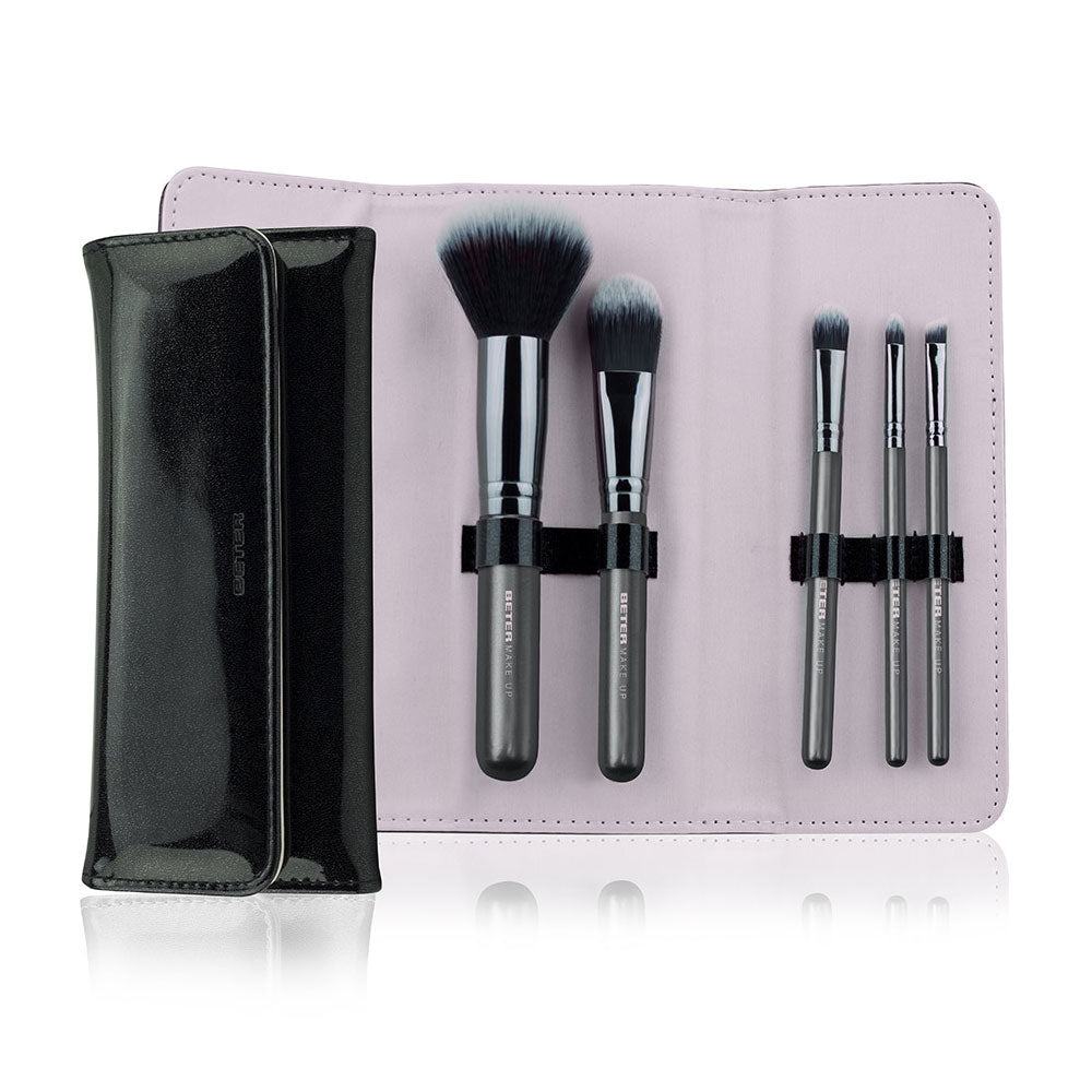 Six-piece black synthetic makeup brush set in foldable magnetic case for Women