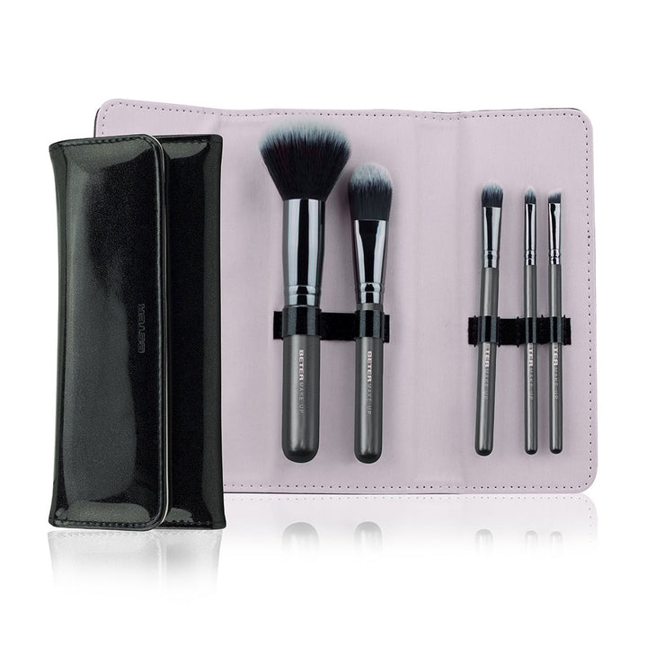 Six-piece black synthetic makeup brush set in foldable magnetic case for Women