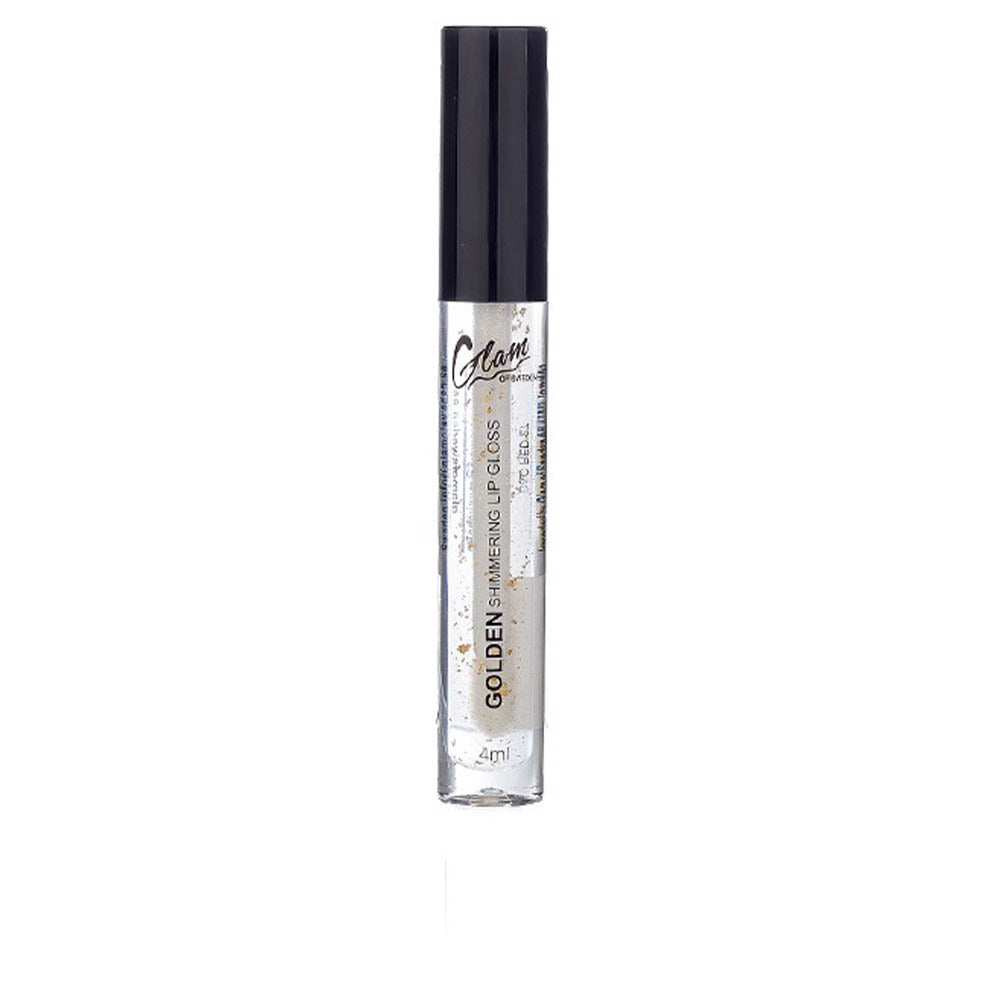 Small 4 ml clear lip gloss tube with suspended gold flakes, doe-foot applicator
