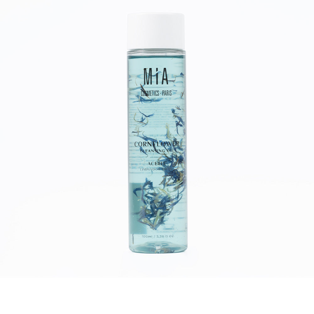 200 ml bottle of pale-blue cornflower cleansing oil, emulsifying texture