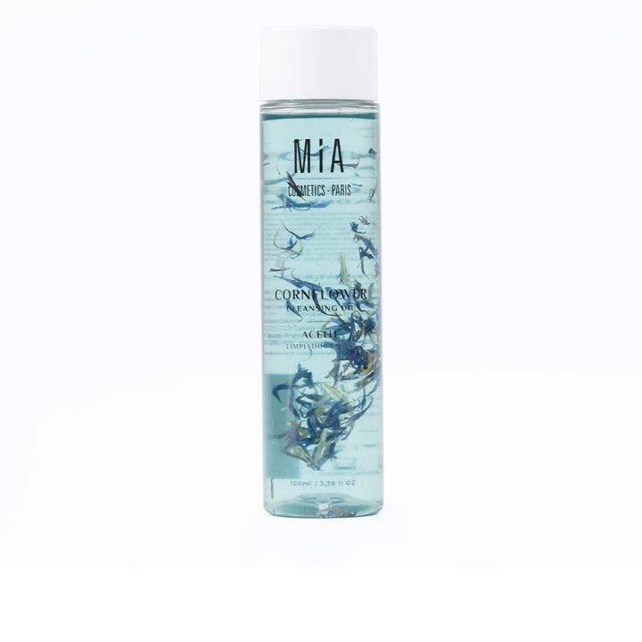 200 ml bottle of pale-blue cornflower cleansing oil, emulsifying texture