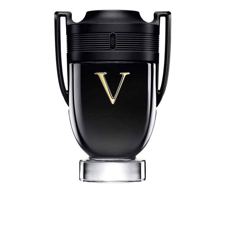 Glossy black 100 ml eau de parfum bottle with gold V and matte black cap