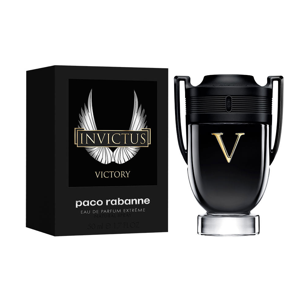 Glossy black 100 ml eau de parfum bottle with gold V and matte black cap