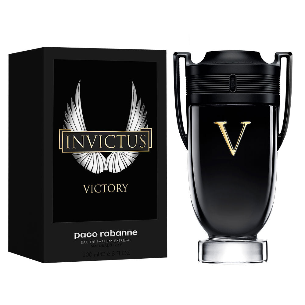 Glossy black 100 ml eau de parfum bottle with gold V and matte black cap