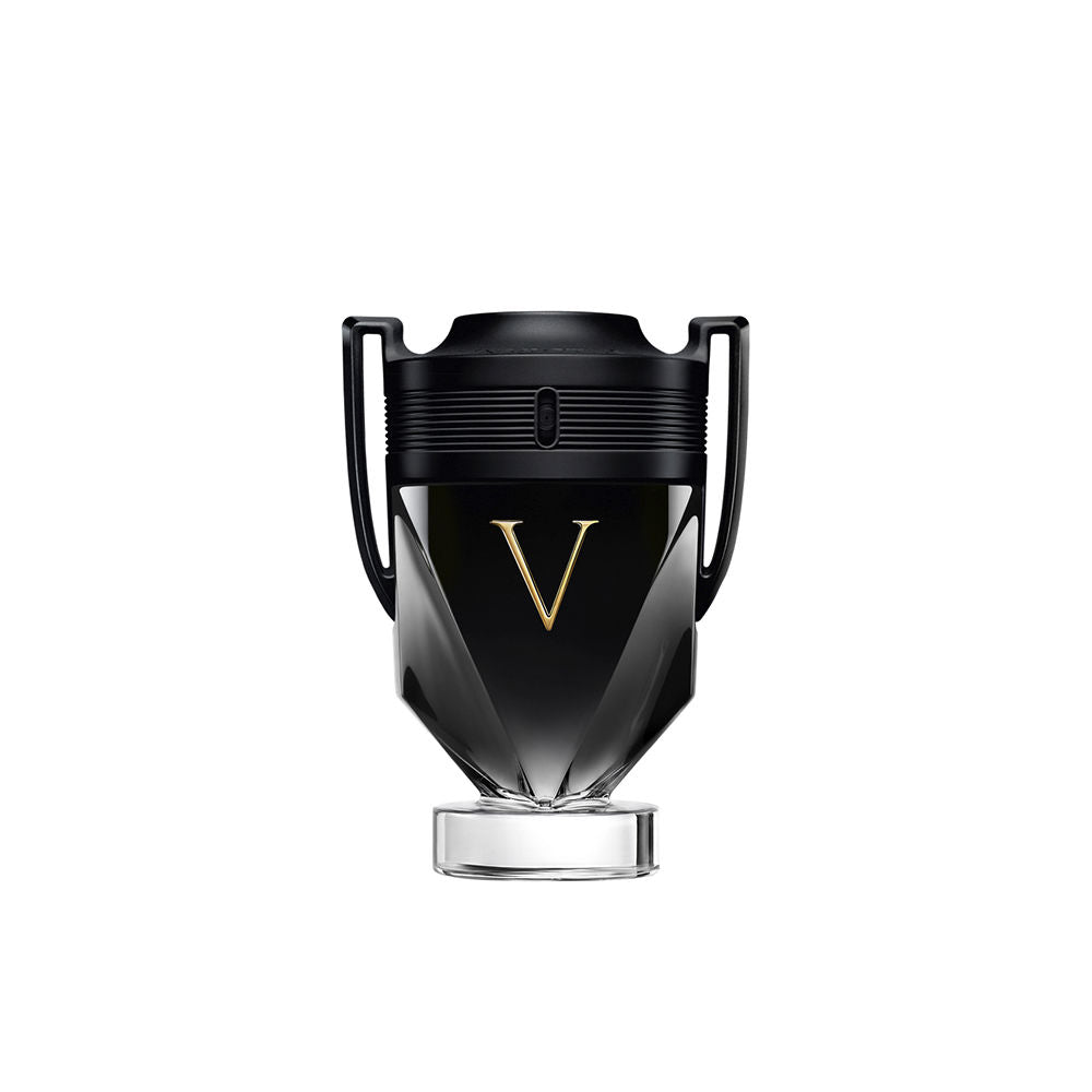 Glossy black 50 ml fragrance bottle with matte cap and gold V emblem