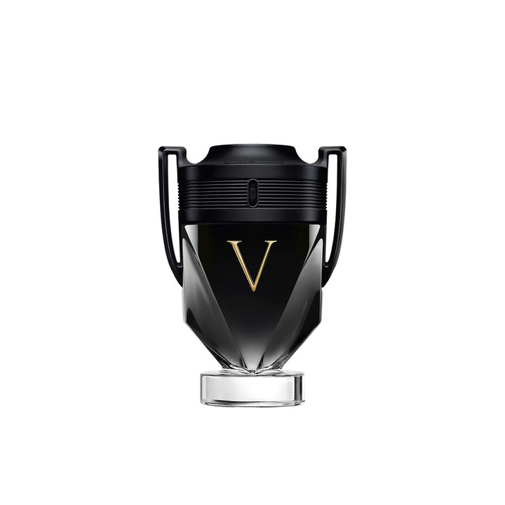 Glossy black 50 ml fragrance bottle with matte cap and gold V emblem