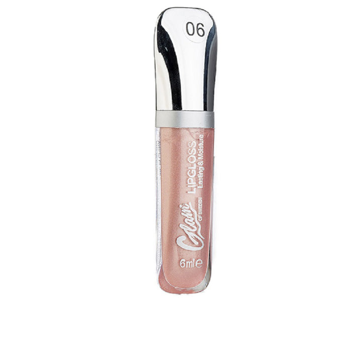 Tube of sheer fair pink high-shine lip gloss, 6 ml, wand applicator visible