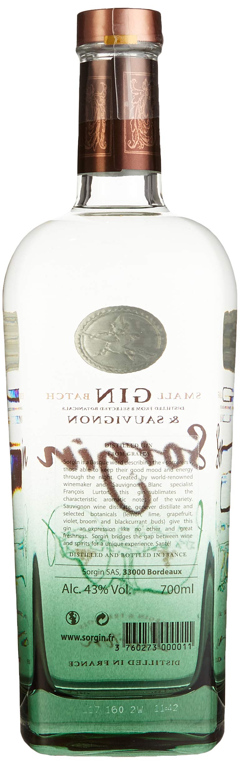 Alambic Sas Green-to-clear glass gin bottle with copper emblem, gold neck seal, grapevine illustration