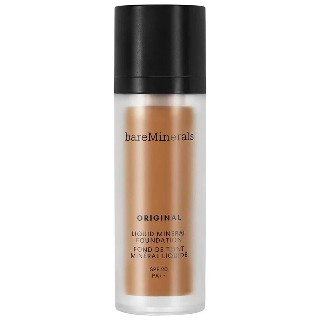 30 ml bottle of lightweight mineral liquid foundation, neutral-deep shade, pump dispenser