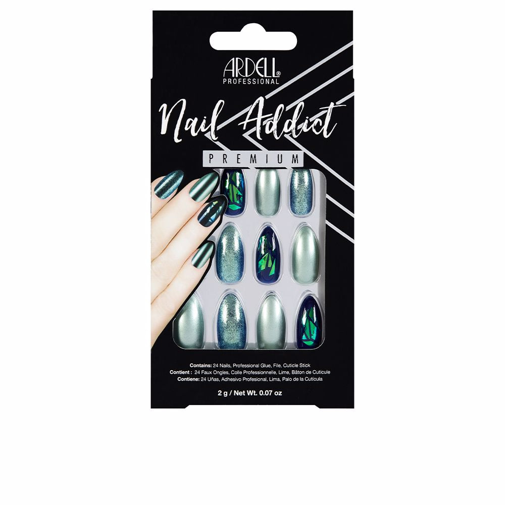 Set of green glitter chrome press‑on nails, salon shape, high‑shine finish