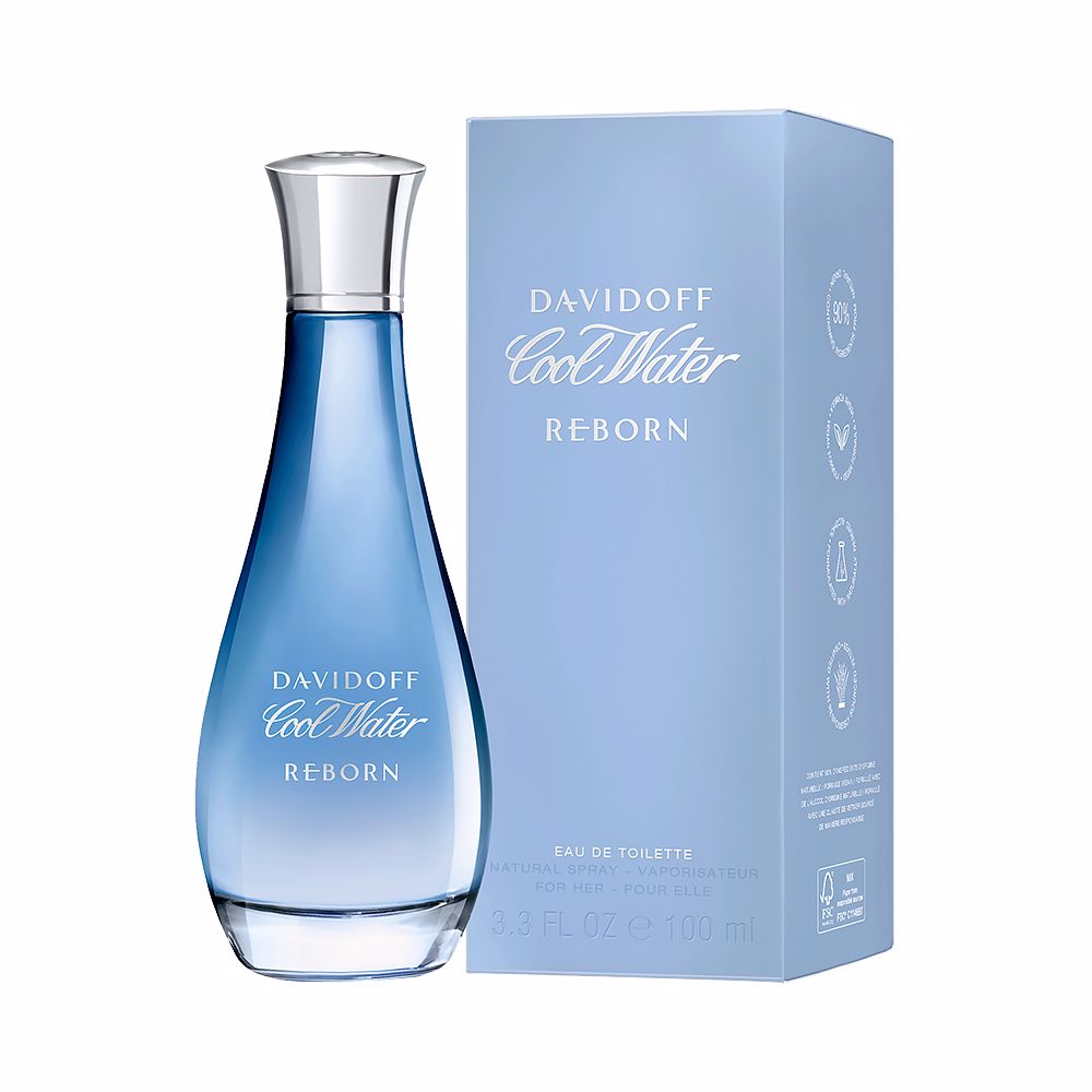 Clear 100 ml perfume bottle with ocean-inspired blue tint and silver cap.