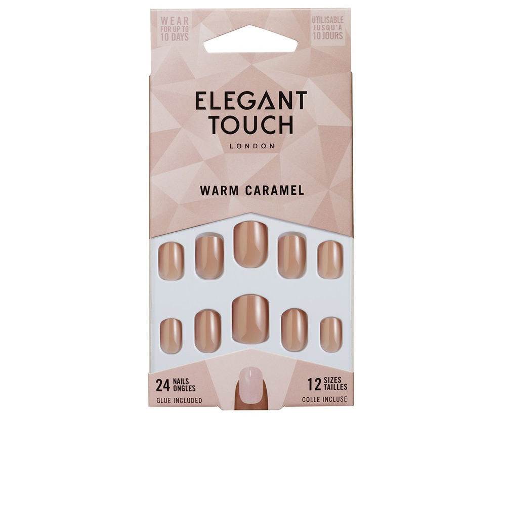 Pack of 24 warm caramel press-on nails, glossy, natural curvature