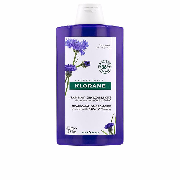 400 ml purple anti‑brass shampoo bottle with Centaurea cornflower