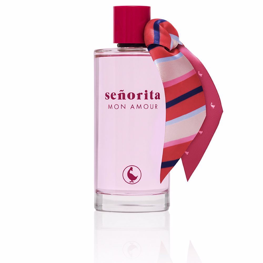 Clear cylindrical perfume bottle with fuchsia cap and satin ribbon, 125 ml