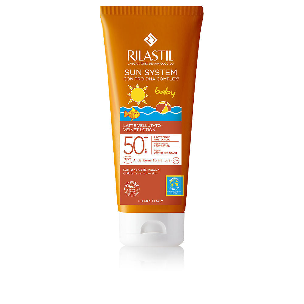 Rilastil SPF 50+ baby sunscreen tube, gentle formula for newborns and toddlers