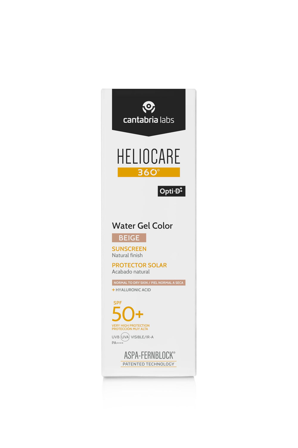 50 ml beige tinted water-gel sunscreen bottle, lightweight gel texture
