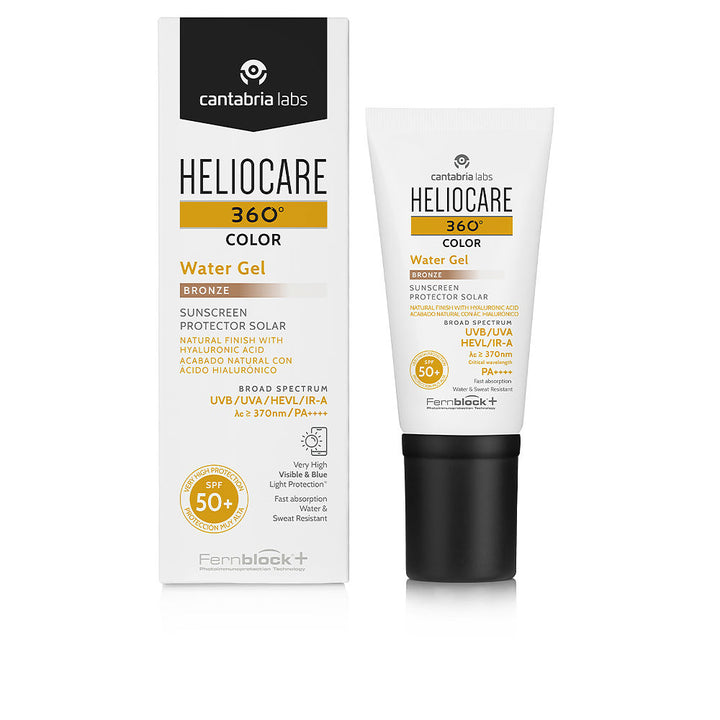 50 ml tinted, lightweight gel sunscreen tube, bronze shade, SPF50+
