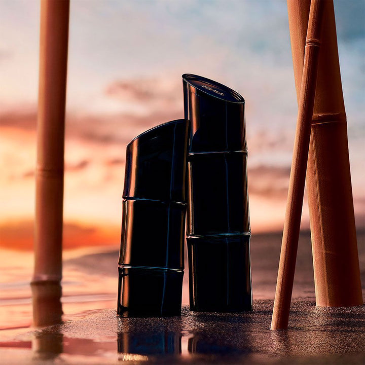 Dark glass 60 ml perfume bottle with beveled black cap, aquatic woody scent