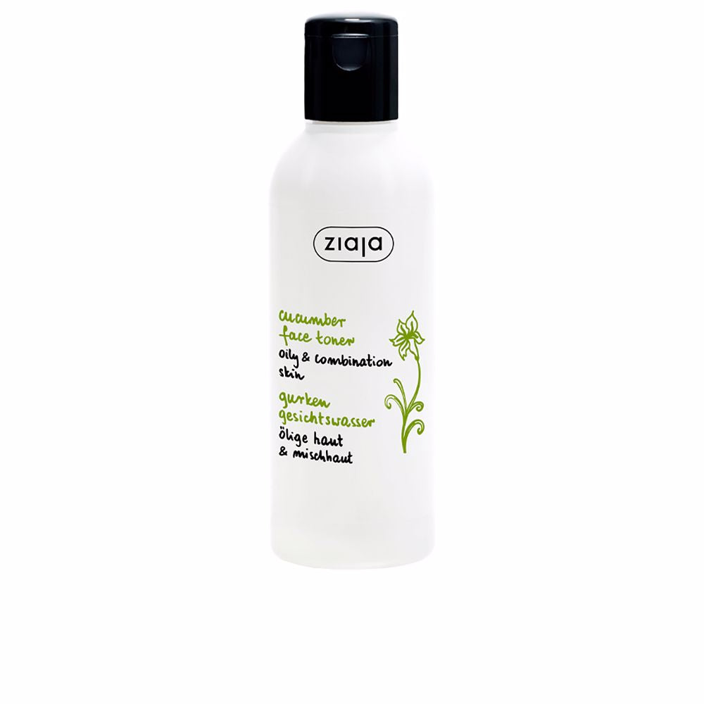 Clear 200 ml bottle of cucumber facial toner labelled for oily and combination skin