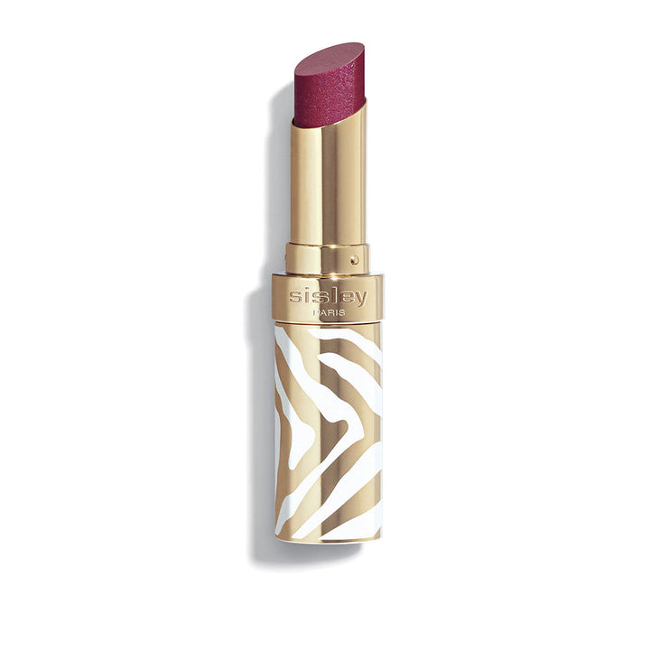 Refillable sheer raspberry lipstick in white-and-gold striped case, Unisex
