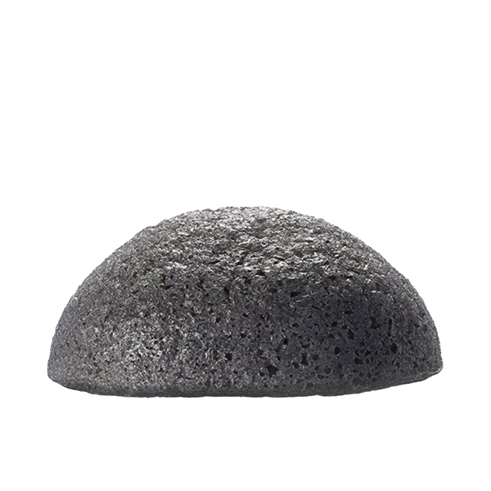 Grey konjac sponge with bamboo charcoal, soft rounded shape, hanging loop