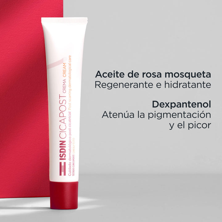 Isdin White cream tube and box with maroon cap, maroon and orange text, minimalist clinical plastic and cardboard