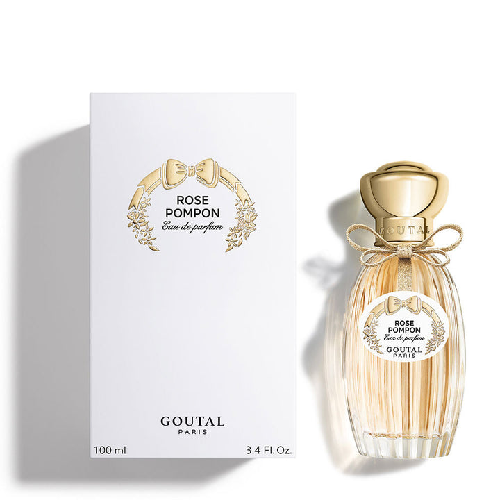 Glass perfume bottle with gilt cap, Rose Pompon Eau de Parfum 100 ml