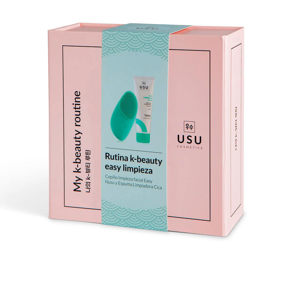 Usu K‑Beauty cleansing kit with silicone brush and Cica pH 5.5 foam in soft blossom box