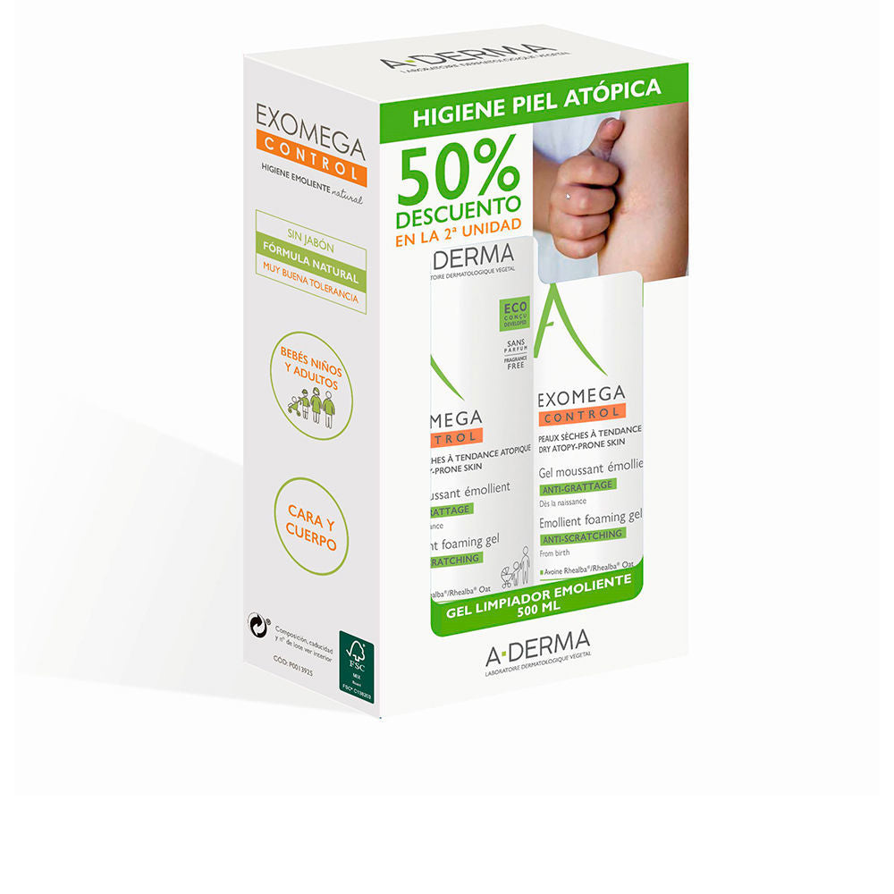 A-derma White, green and orange boxed emollient foaming gel with bottle image, text blocks, and thumbs-up icon