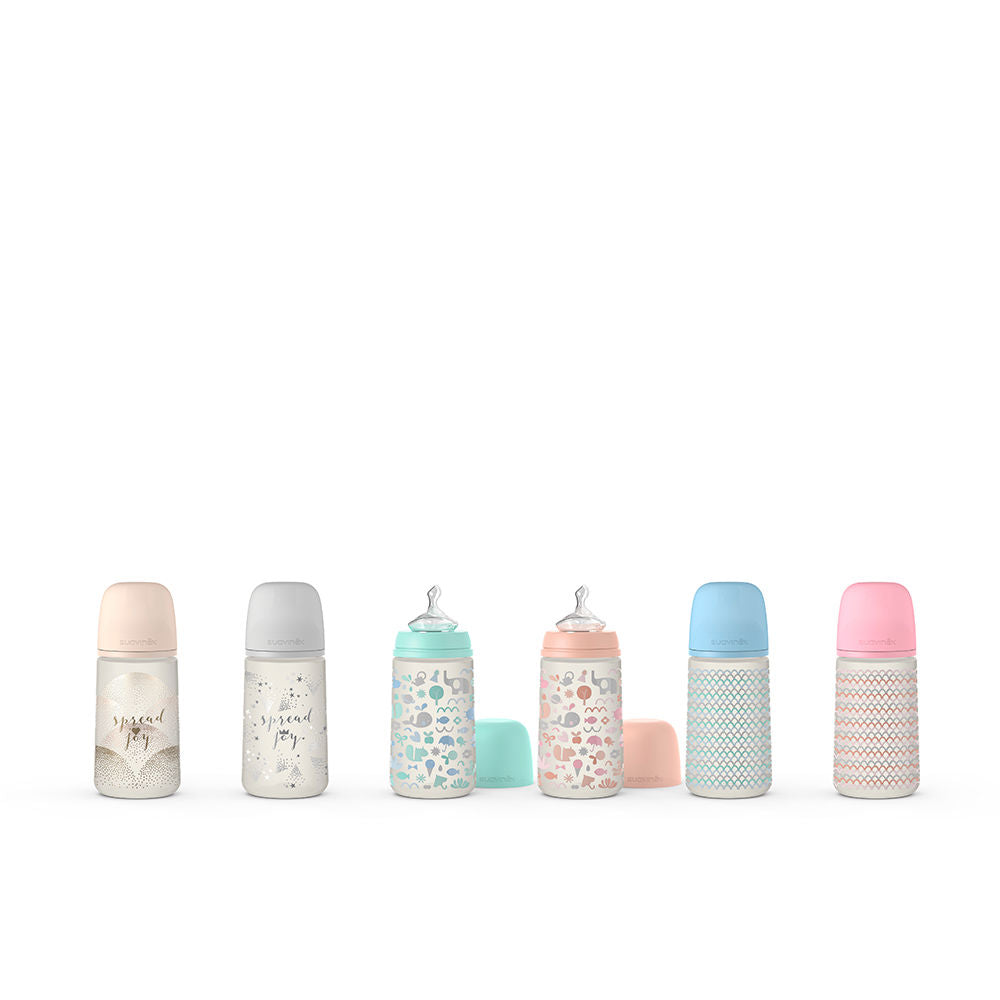 Straight 150 ml baby bottle with anatomic silicone teat, slow-flow and anti-colic valve