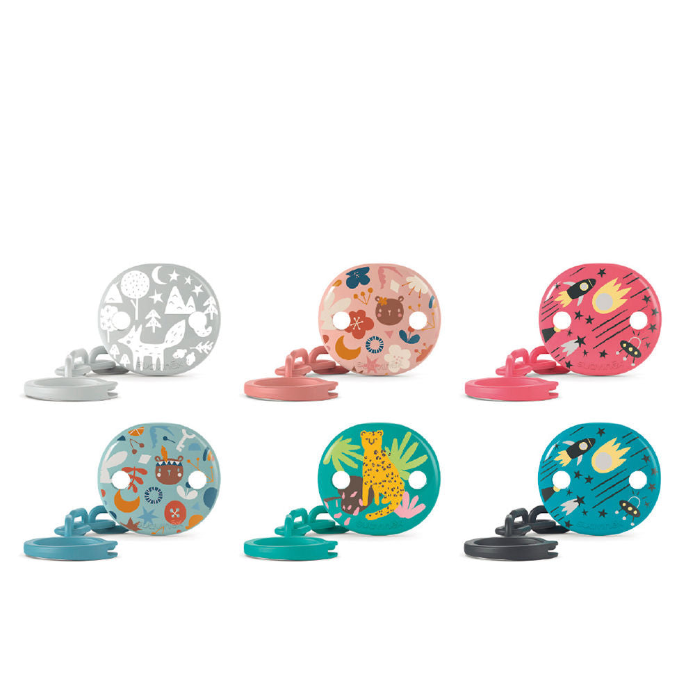 Suavinex oval pacifier clip with round clasp and insertion ring, neutral design