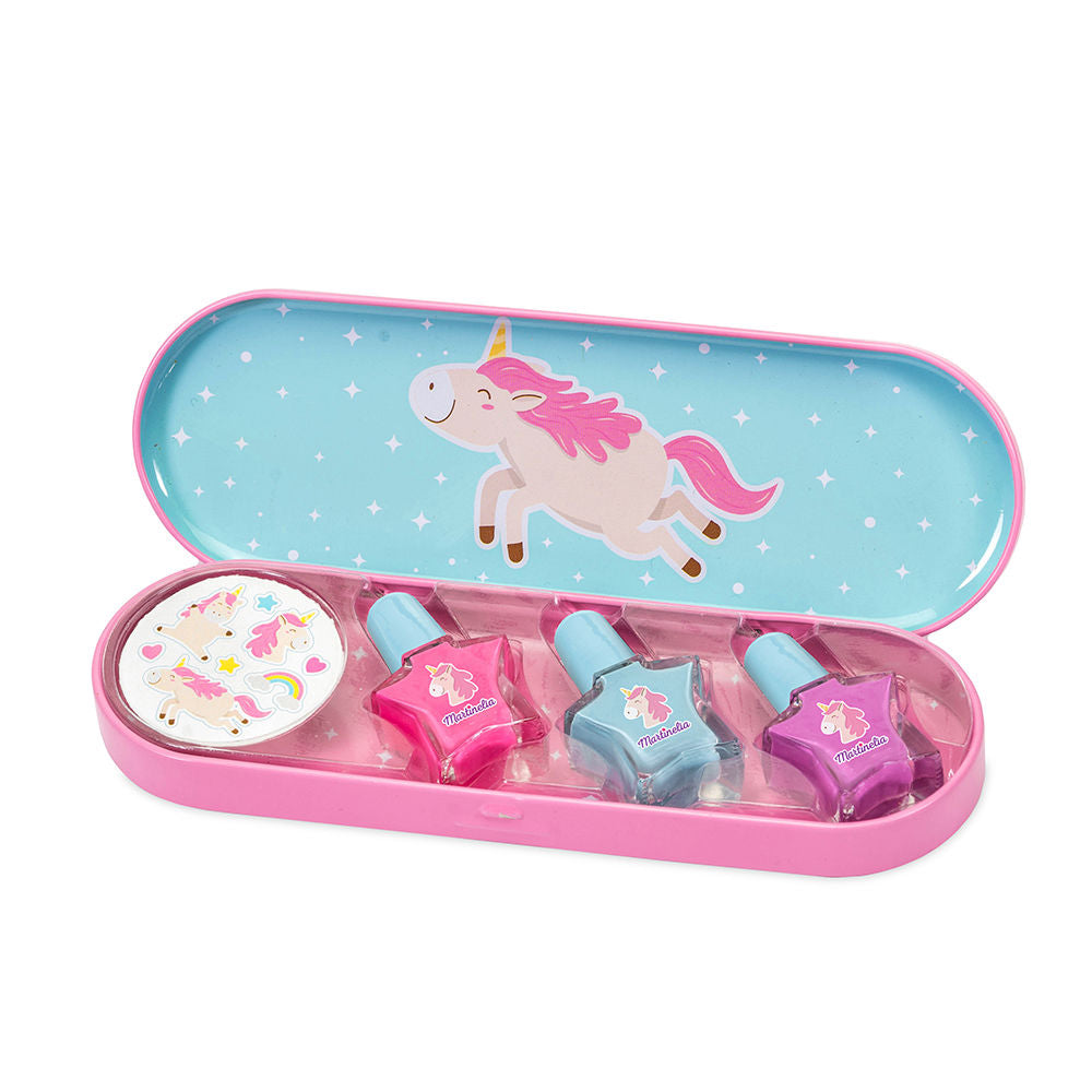 Metal case containing three mini nail polishes and unicorn sticker sheets